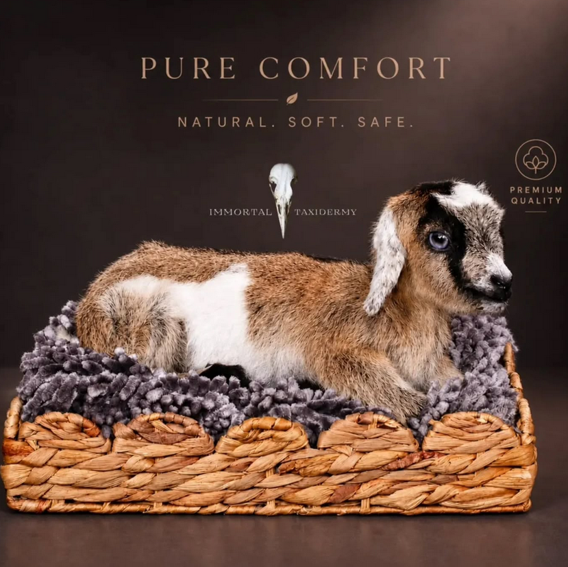 Goat kid mount resting in a woven basket on a soft studio-style graphic background.
