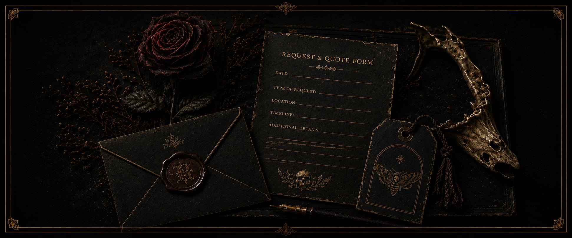 Gothic botanical request and quote form with an envelope, tag, rose, and antique linework.